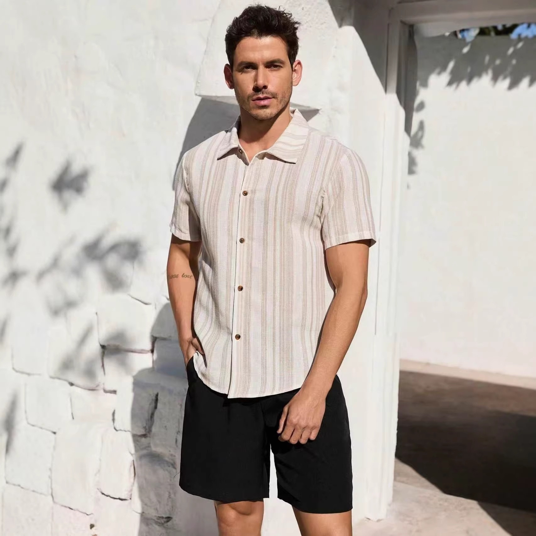 American-style Vintage Textured Striped Casual Short-sleeve Shirt - 图片 4