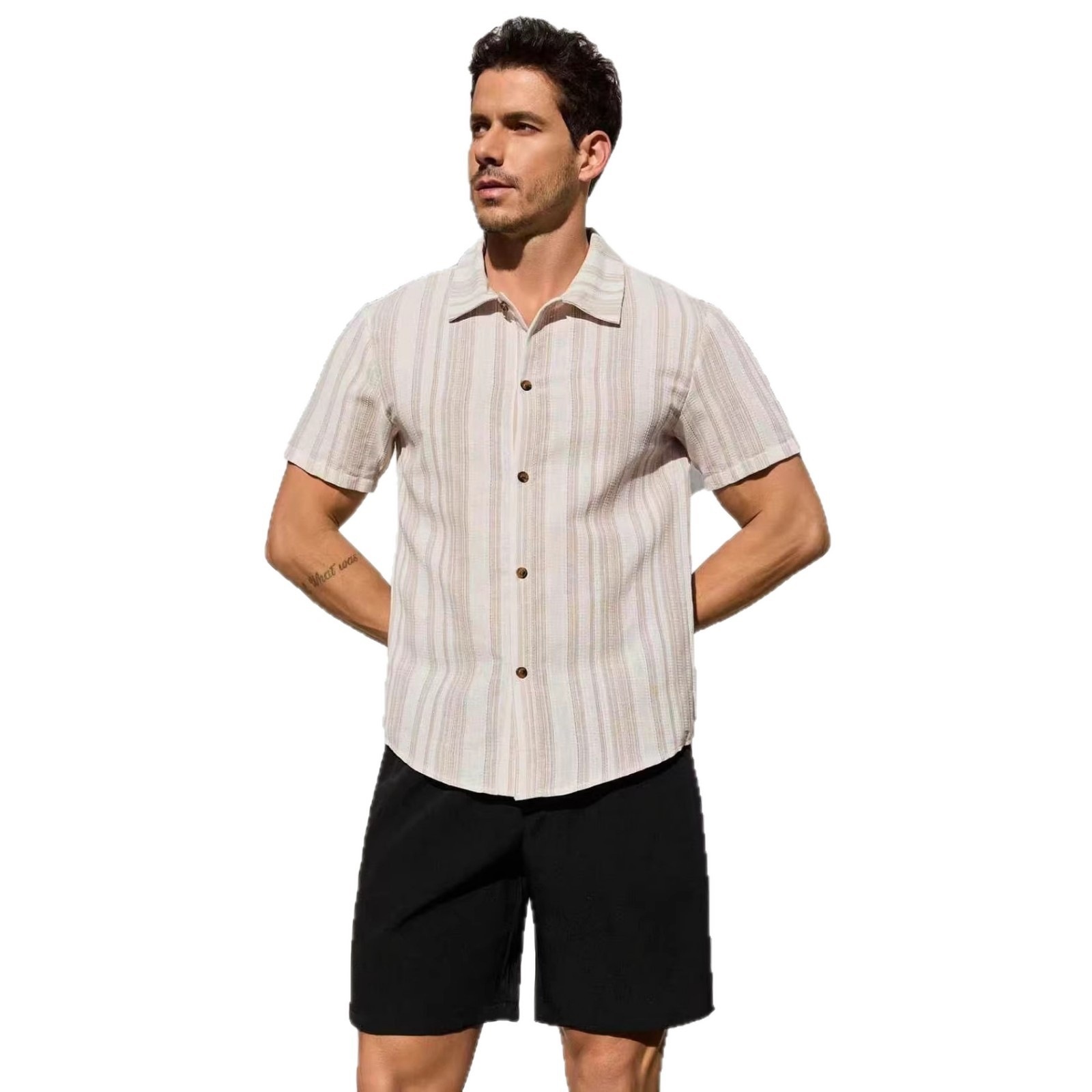 American-style Vintage Textured Striped Casual Short-sleeve Shirt - 图片 2