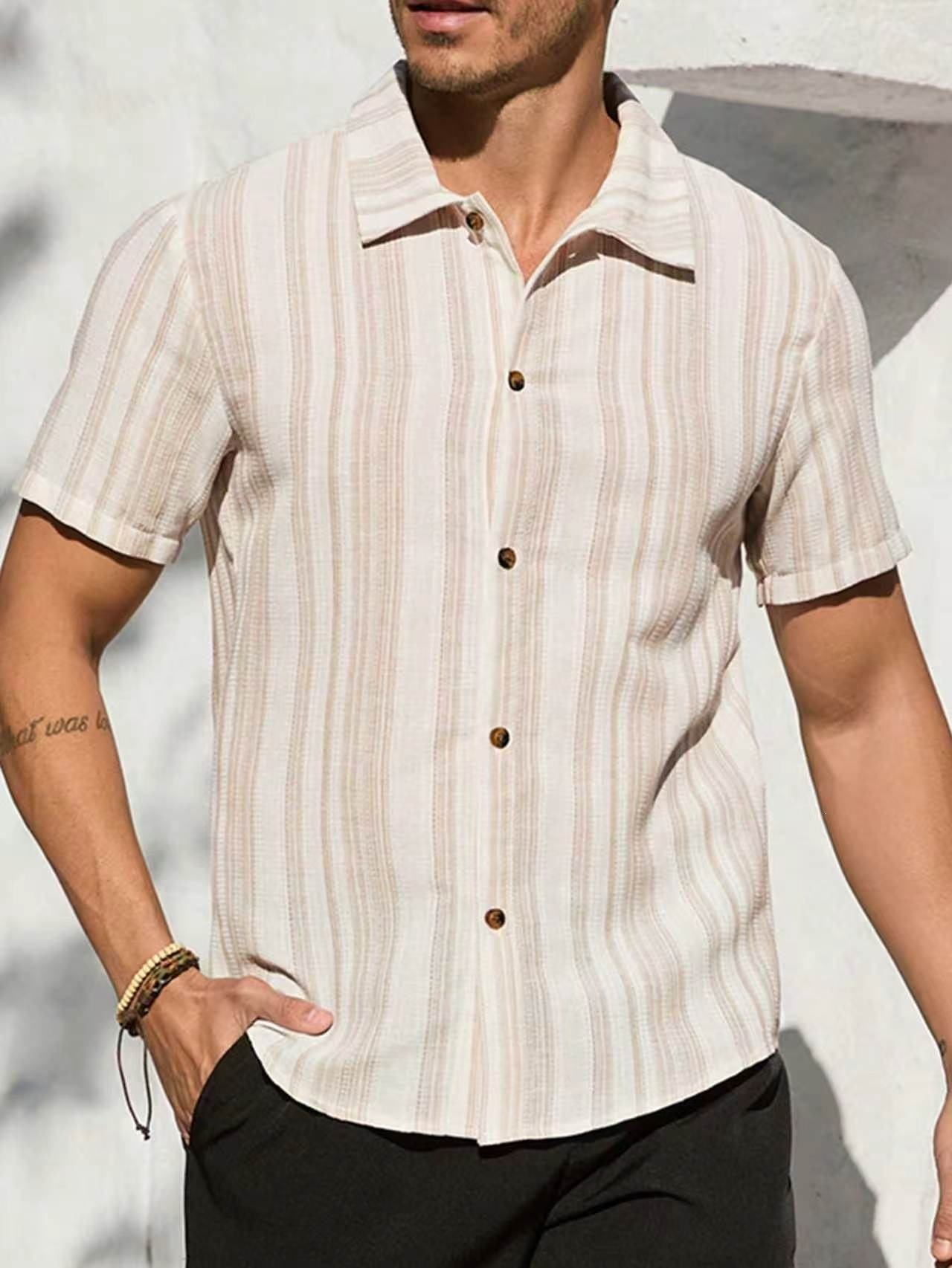American-style Vintage Textured Striped Casual Short-sleeve Shirt - 图片 3