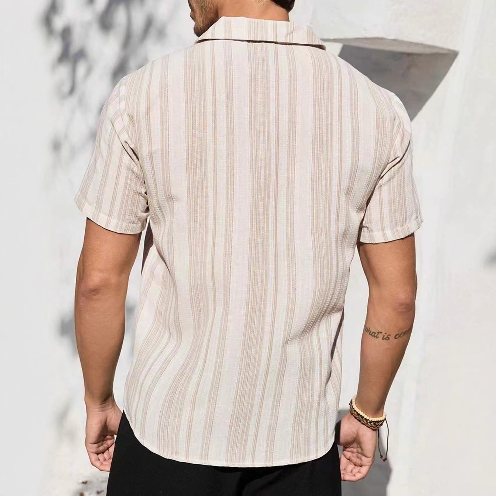 American-style Vintage Textured Striped Casual Short-sleeve Shirt - 图片 6